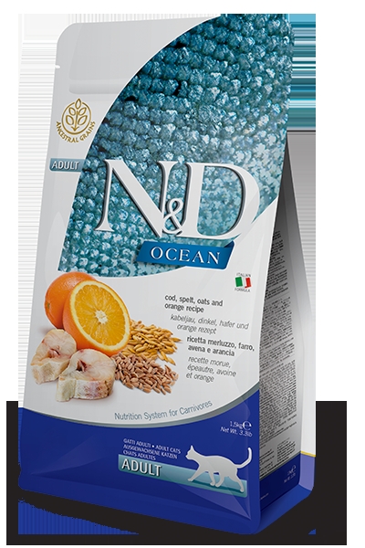 N&D Ocean Düşük Tahıllı Morina Balıklı ve Portakallı 1.5 kg Yetişkin Kedi Maması